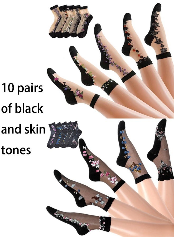 Zeemey Women's embroidered net tights mid-calf stockings set of 10 pairs. Elegant and breathable socks. Daily versatile and exquisite stockings - Image 1