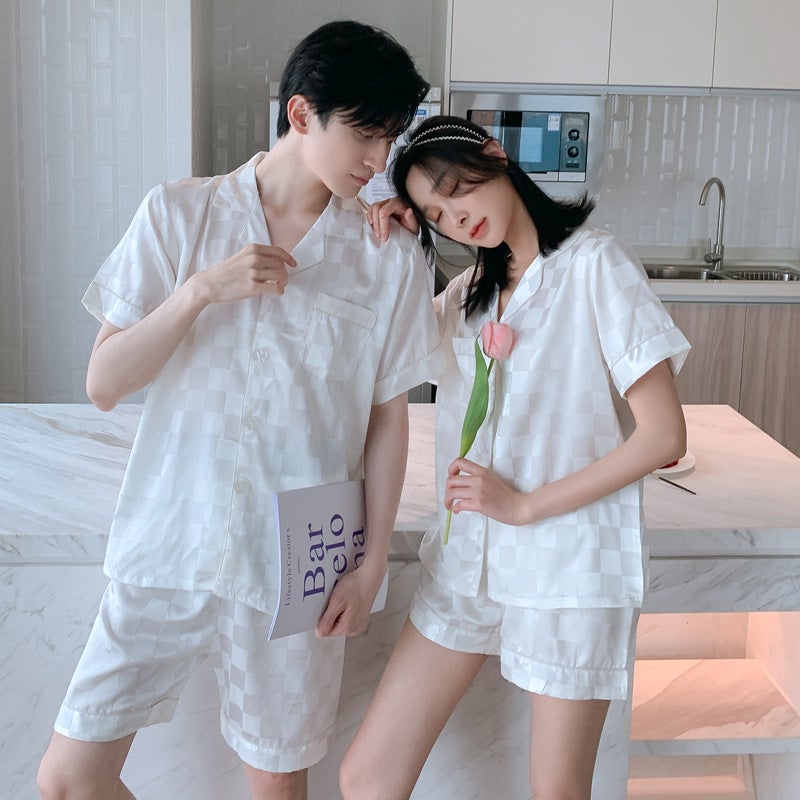Spring and Summer Square Couple Pajamas Women's Ice Silk Short-sleeved Shorts Summer Silk Men's suit Spring and Autumn Home Clothes - Image 4