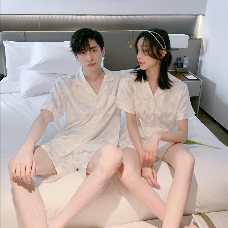 Spring and Summer Square Couple Pajamas Women's Ice Silk Short-sleeved Shorts Summer Silk Men's suit Spring and Autumn Home Clothes - Image 5
