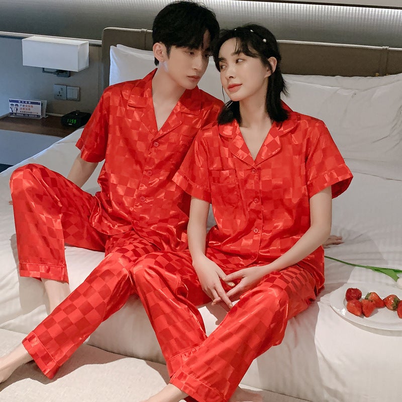 Spring and Summer Square Couple Pajamas Women's Ice Silk Short-sleeved Shorts Summer Silk Men's suit Spring and Autumn Home Clothes - Image 1