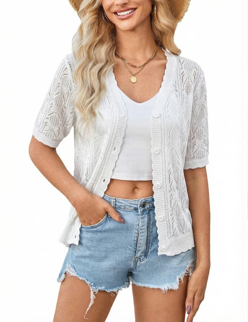 Yekaty Womens White Summer Lightweight Cardigan Crochet Button Short Sleeve Sweater Cropped Bolero Shrugs - Image 1