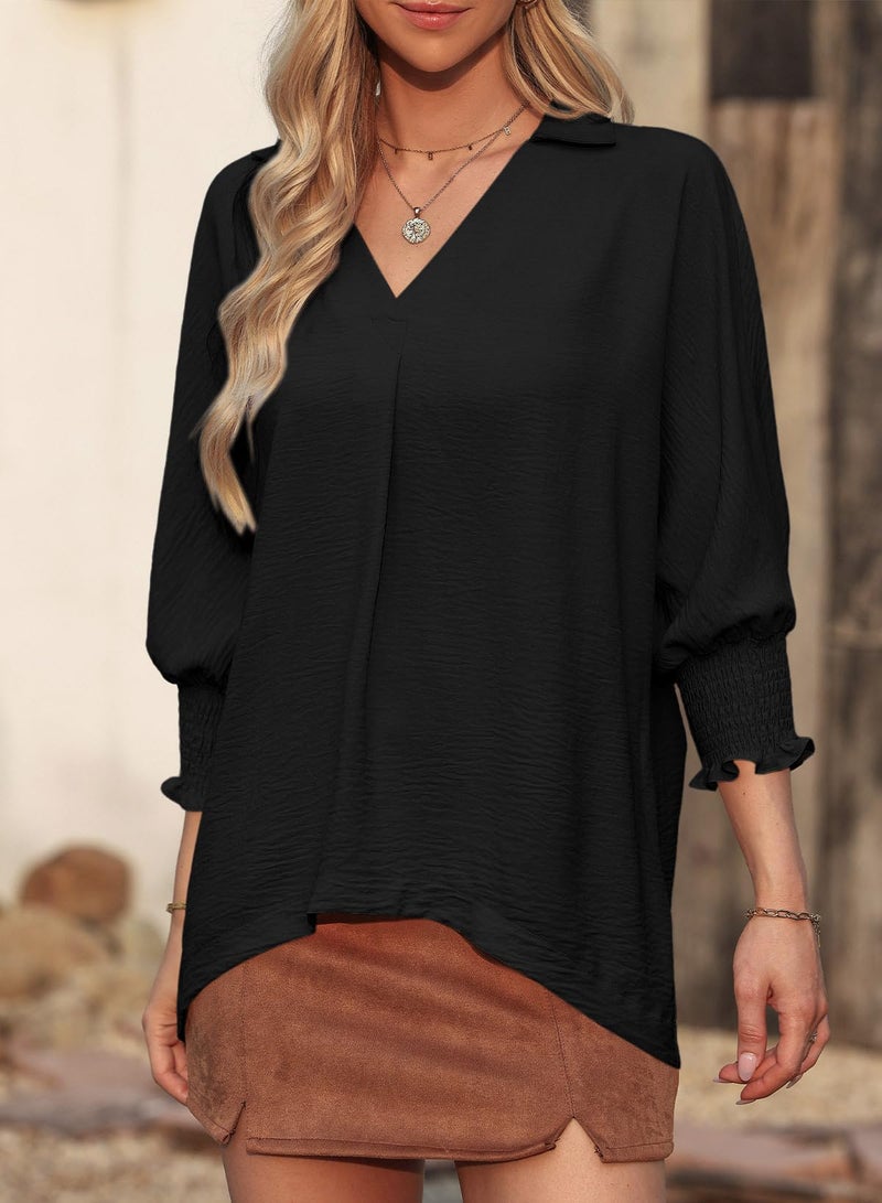 Dokotoo Cute Boho Tops for Women Blouses Dressy Casual 3/4 Sleeve Spring Summer Tops for Women 2026 Business Work Blouses Office Shirts Ladies Elegant Women's Clothing Trendy Outfits Black S - Image 3