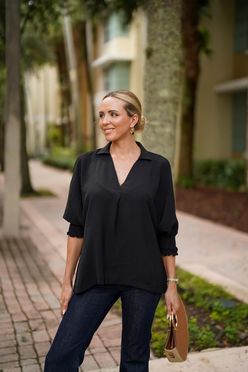 Dokotoo Cute Boho Tops for Women Blouses Dressy Casual 3/4 Sleeve Spring Summer Tops for Women 2026 Business Work Blouses Office Shirts Ladies Elegant Women's Clothing Trendy Outfits Black S - Image 5