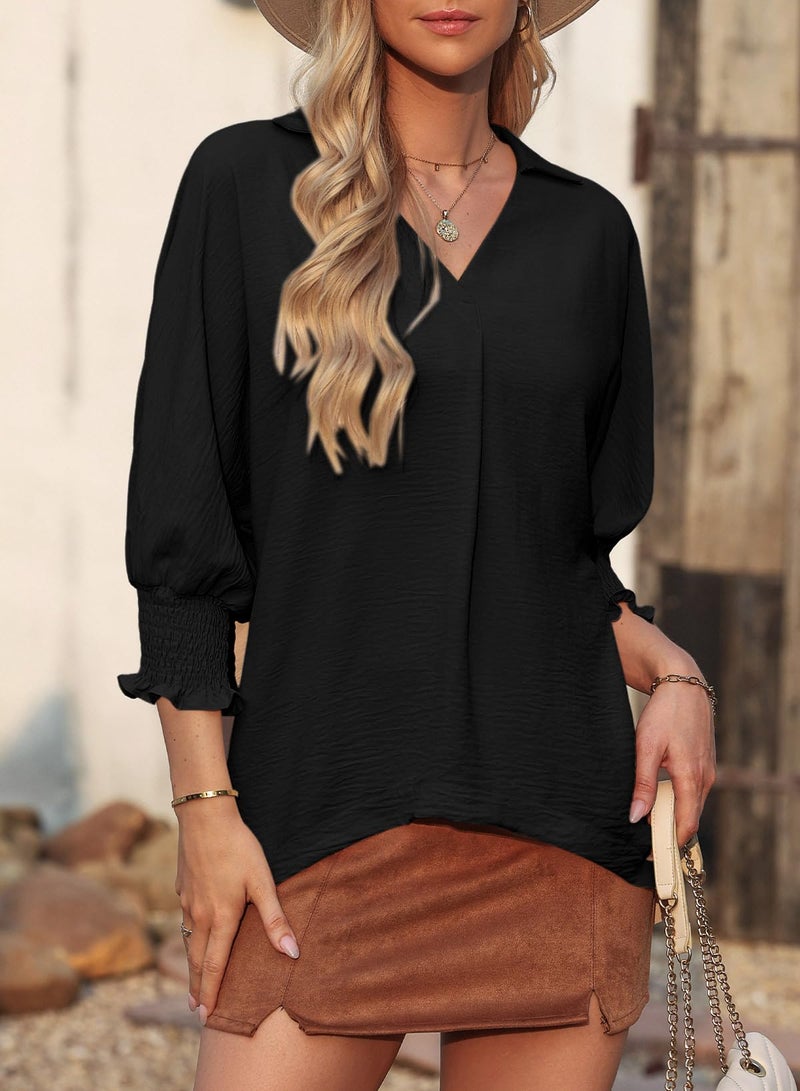 Dokotoo Cute Boho Tops for Women Blouses Dressy Casual 3/4 Sleeve Spring Summer Tops for Women 2026 Business Work Blouses Office Shirts Ladies Elegant Women's Clothing Trendy Outfits Black S - Image 2
