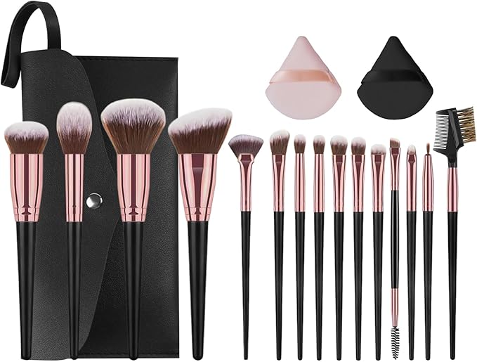 Vicloon Makeup Brushes 15Pcs Professional Makeup Brushes Set with PU Leather Bag 2pcs powder puff cosmetics Premium Synthetic Foundation Face Powder Concealers Eyeshadow Blush ComfortableBlack