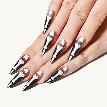 Sun&Beam Nails SunBeam Nails Handmade Presson Long Almond Stiletto Black White Halloween Glow In Dark Skeleton Finger Design False Nail Tips 10 Pcs 128 XS - Image 4