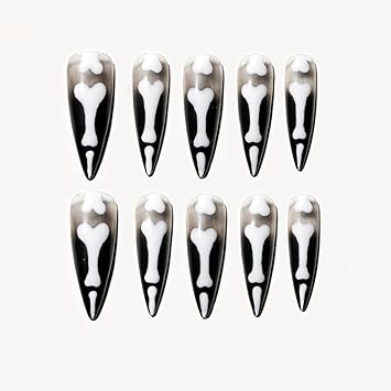 Sun&Beam Nails SunBeam Nails Handmade Presson Long Almond Stiletto Black White Halloween Glow In Dark Skeleton Finger Design False Nail Tips 10 Pcs 128 XS - Image 1