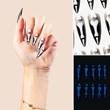 Sun&Beam Nails SunBeam Nails Handmade Presson Long Almond Stiletto Black White Halloween Glow In Dark Skeleton Finger Design False Nail Tips 10 Pcs 128 XS - Image 2