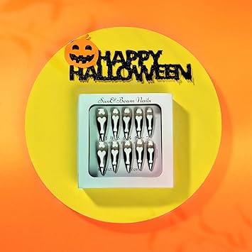 Sun&Beam Nails SunBeam Nails Handmade Presson Long Almond Stiletto Black White Halloween Glow In Dark Skeleton Finger Design False Nail Tips 10 Pcs 128 XS - Image 5
