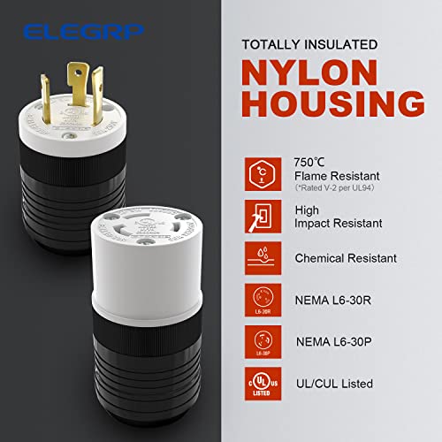 ELEGRP NEMA L6-30P & NEMA L6-30R Locking Plug and Connector Set, Generator Twist Lock Plug Socket, 30 Amp 250V 2 Pole 3 Wire Grounding, Industrial Grade Heavy Duty, UL Listed (1 Set, Black/White) - Image 3