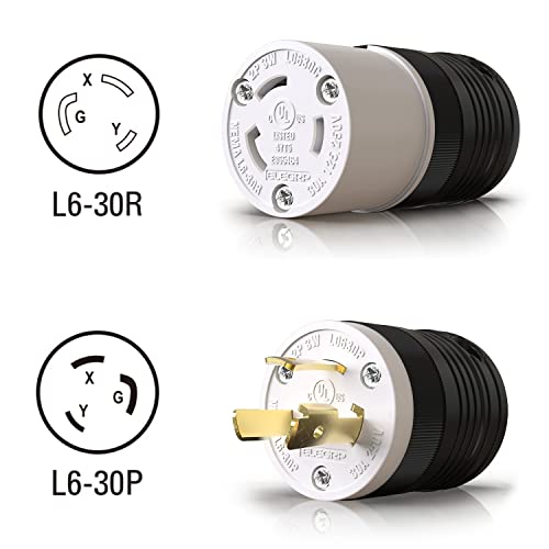 ELEGRP NEMA L6-30P & NEMA L6-30R Locking Plug and Connector Set, Generator Twist Lock Plug Socket, 30 Amp 250V 2 Pole 3 Wire Grounding, Industrial Grade Heavy Duty, UL Listed (1 Set, Black/White) - Image 2