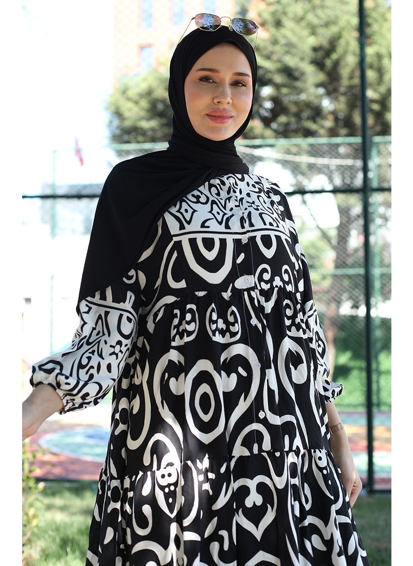 Sefa Merve - Patterned Viscose Dress 81875-01 Black - Image 1