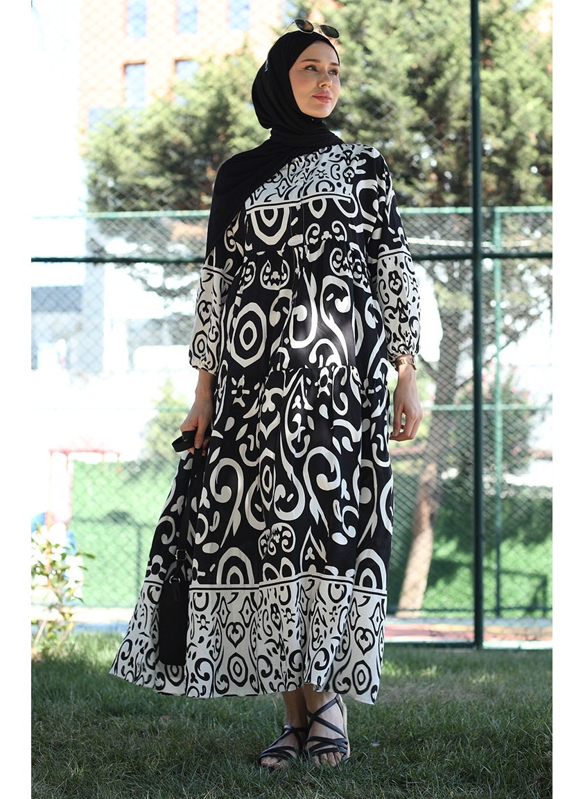 Sefa Merve - Patterned Viscose Dress 81875-01 Black - Image 1