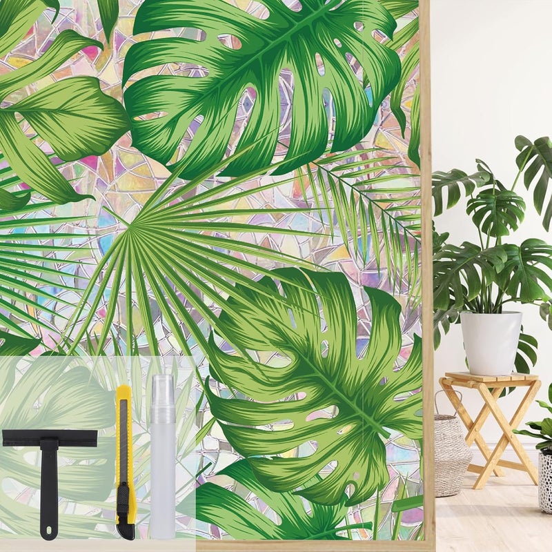 Maritown Window Film Privacy Rainbow Static Cling Window Film Plants Flowers Patterned Stained Glass Decorative Window Covering Stickers Films for Bathroom Kitchen Glass Windows Doors - Image 1