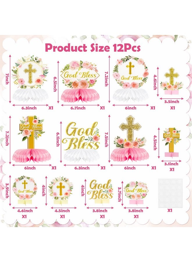 انجوليو 12 قطعة من زخارف الأزهار على شكل زهرة بارك الله في أول احتفال بالتواصل مع العسل، زينة الطاولة ذات الوجهين لحفلات تعميد الطفلة، ديكورات حفلات التعميد، ديكورات الصور الدينية للفتيات - Image 2