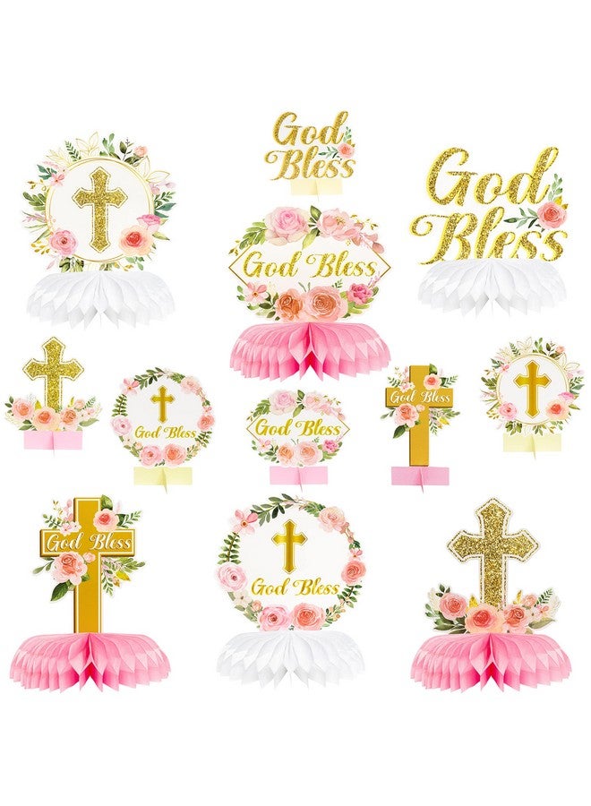 انجوليو 12 قطعة من زخارف الأزهار على شكل زهرة بارك الله في أول احتفال بالتواصل مع العسل، زينة الطاولة ذات الوجهين لحفلات تعميد الطفلة، ديكورات حفلات التعميد، ديكورات الصور الدينية للفتيات - Image 1