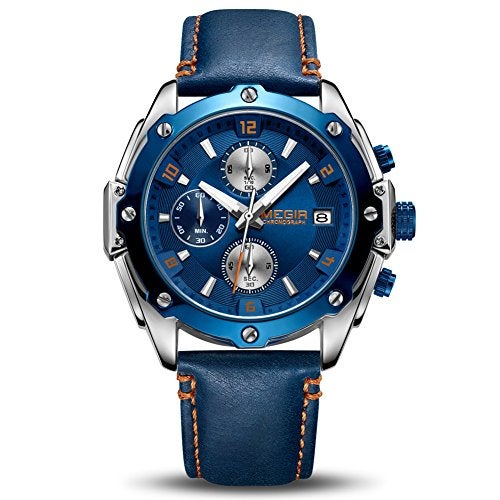 MEGIR Men Business Analogue Quartz Watch with Fashion Blue Leather Strap Chronograph Luminous Auto Calendar for Sport Work 2074 Blue - Image 1