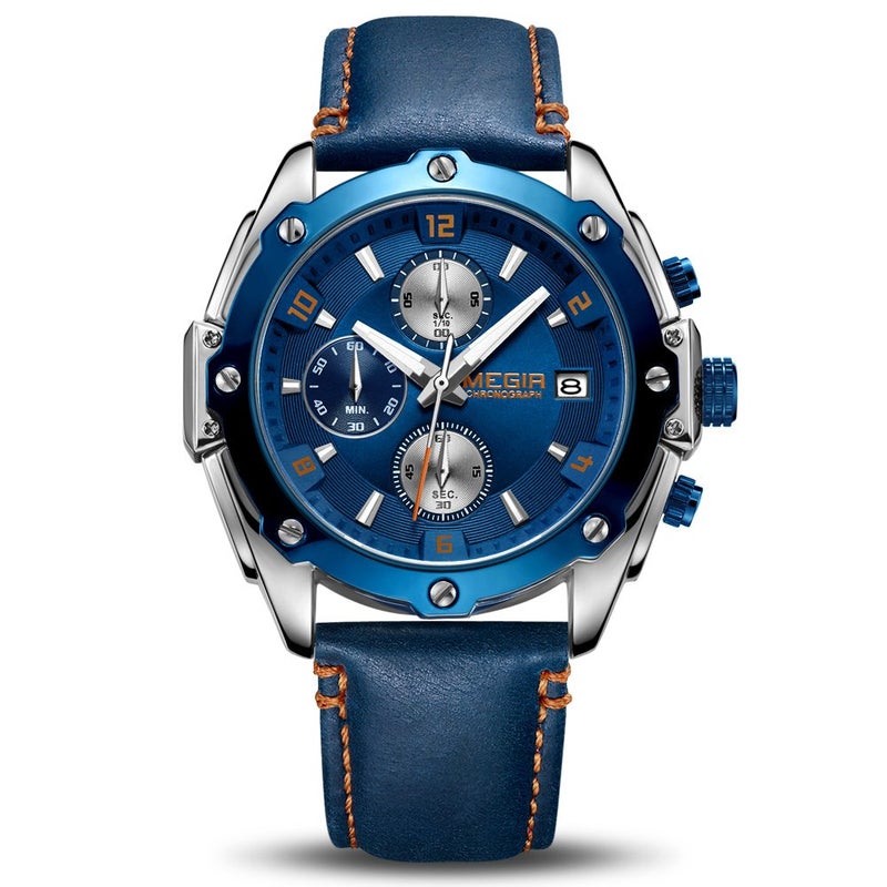 MEGIR Men Business Analogue Quartz Watch with Fashion Blue Leather Strap Chronograph Luminous Auto Calendar for Sport Work 2074 Blue - Image 2