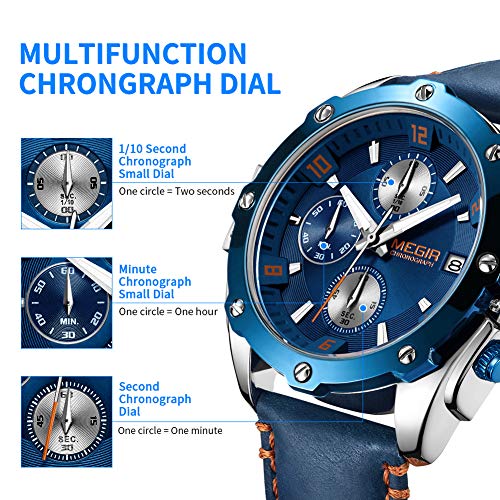 MEGIR Men Business Analogue Quartz Watch with Fashion Blue Leather Strap Chronograph Luminous Auto Calendar for Sport Work 2074 Blue - Image 3