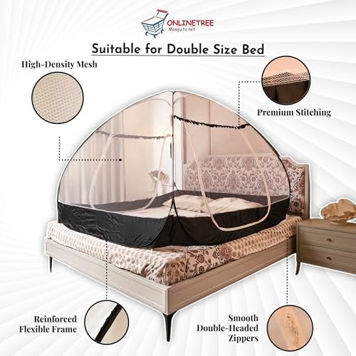 OnlineTree Mosquito Net for Double Bed | Queen Size Embroidery Foldable Machardani | Polyester 30GSM Strong Net | PVC Coated Corrosion Resistant Steel Wire (Royal Black) - Image 2