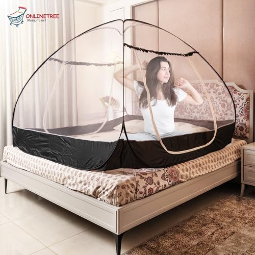 OnlineTree Mosquito Net for Double Bed | Queen Size Embroidery Foldable Machardani | Polyester 30GSM Strong Net | PVC Coated Corrosion Resistant Steel Wire (Royal Black) - Image 4