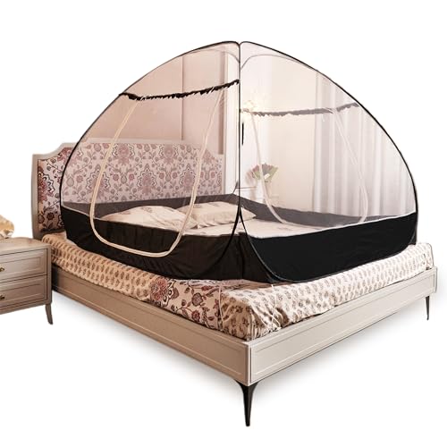 OnlineTree Mosquito Net for Double Bed | Queen Size Embroidery Foldable Machardani | Polyester 30GSM Strong Net | PVC Coated Corrosion Resistant Steel Wire (Royal Black) - Image 1