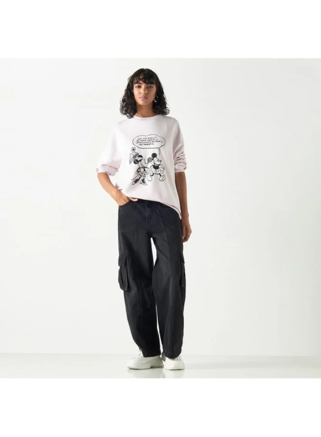 SP Characters Mickey Mouse and Minnie Mouse Print Neoprene Sweatshirt with Crew Neck and Drop Shoulder Sleeves