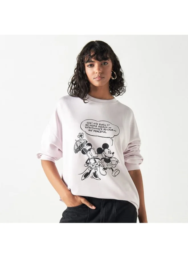 SP Characters Mickey Mouse and Minnie Mouse Print Neoprene Sweatshirt with Crew Neck and Drop Shoulder Sleeves