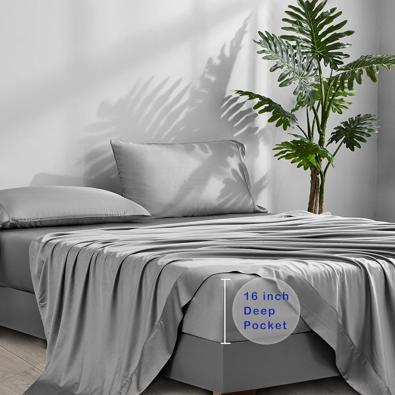 ACCURATEX Cooling Sheets Split King Size Grey - Viscose Made from Bamboo, Luxury Hotel Sheet Set for Adjustable Bed, Super Soft Breathable Bedding Sheets up to 16 inches Deep Pockect - Image 5