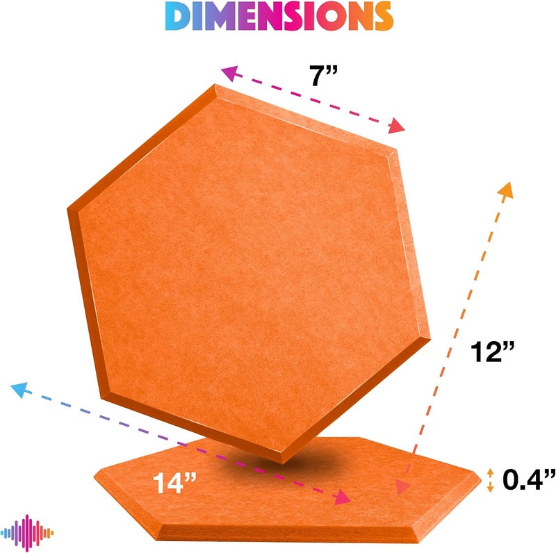 Sonic Acoustics حزمة من 12 لوحة صوتية هكسائية من ، مقاسات 14" × 12" × 0.4"، عالية الكثافة، تمتص الصوت، عازلة للصوت، بحواف مائلة، للاستخدام في الاستوديوهات، لون برتقالي - Image 4