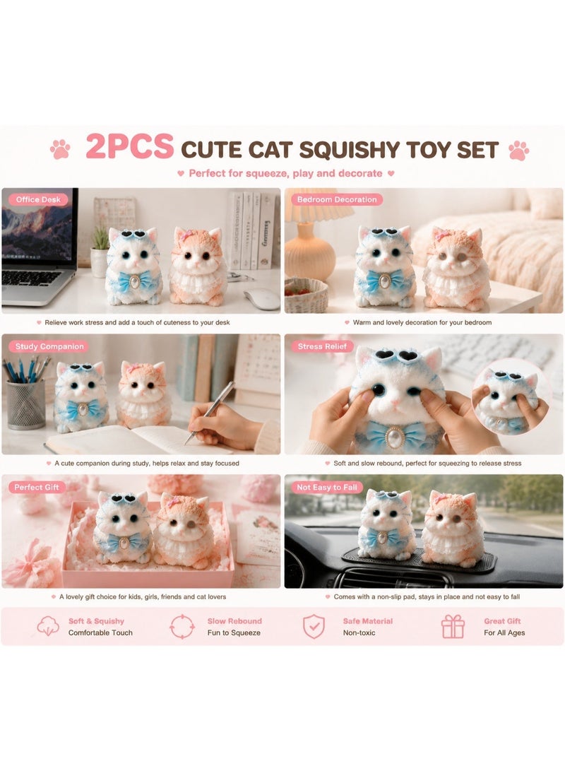2PCS Squishy Toy Set, Cute Cat Squishy Toys, Soft Squeeze Stress Relief Toy, Slow Rising Fidget Toy, Sensory Stress Ball, Anxiety Relief Gift for Kids Girls Adults - Image 3
