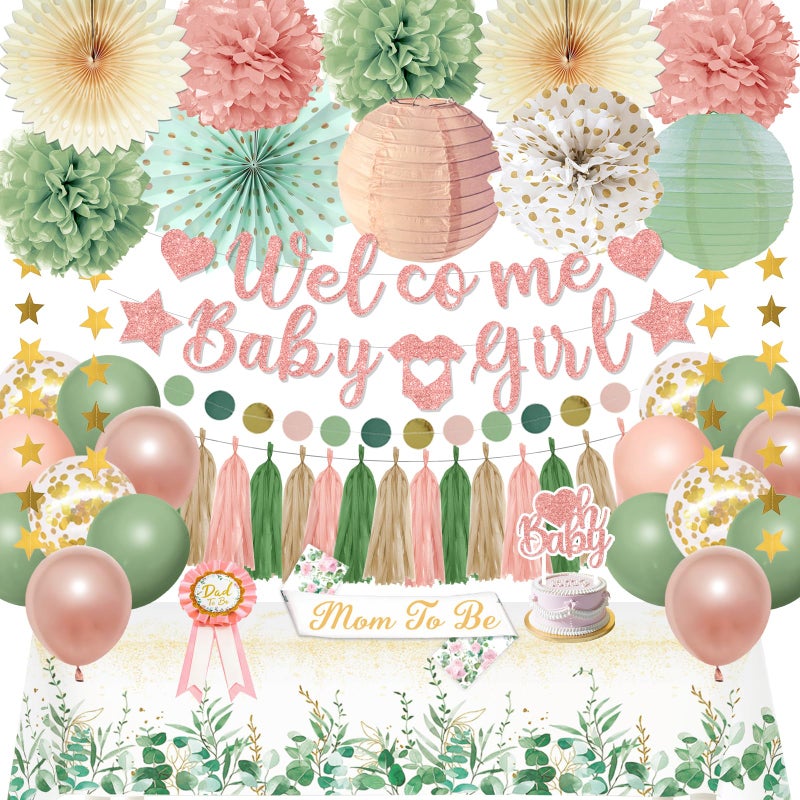 Bolake Sage Green Pink Baby Shower Decorations for Girl Baby Shower Decorations Welcome Baby Girl Banner Pink Green Balloons Paper Lanterns Pom Poms Flowers Tablecloth Tassels Mom to Be Sash Dad to Be Pin - Image 3