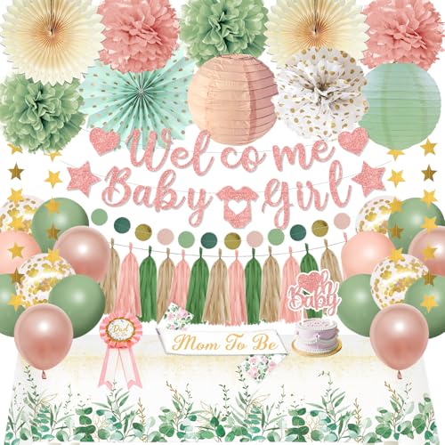 Bolake Sage Green Pink Baby Shower Decorations for Girl Baby Shower Decorations Welcome Baby Girl Banner Pink Green Balloons Paper Lanterns Pom Poms Flowers Tablecloth Tassels Mom to Be Sash Dad to Be Pin - Image 1