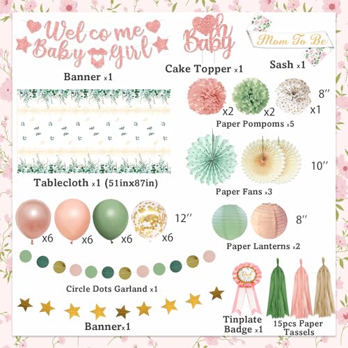 Bolake Sage Green Pink Baby Shower Decorations for Girl Baby Shower Decorations Welcome Baby Girl Banner Pink Green Balloons Paper Lanterns Pom Poms Flowers Tablecloth Tassels Mom to Be Sash Dad to Be Pin - Image 5
