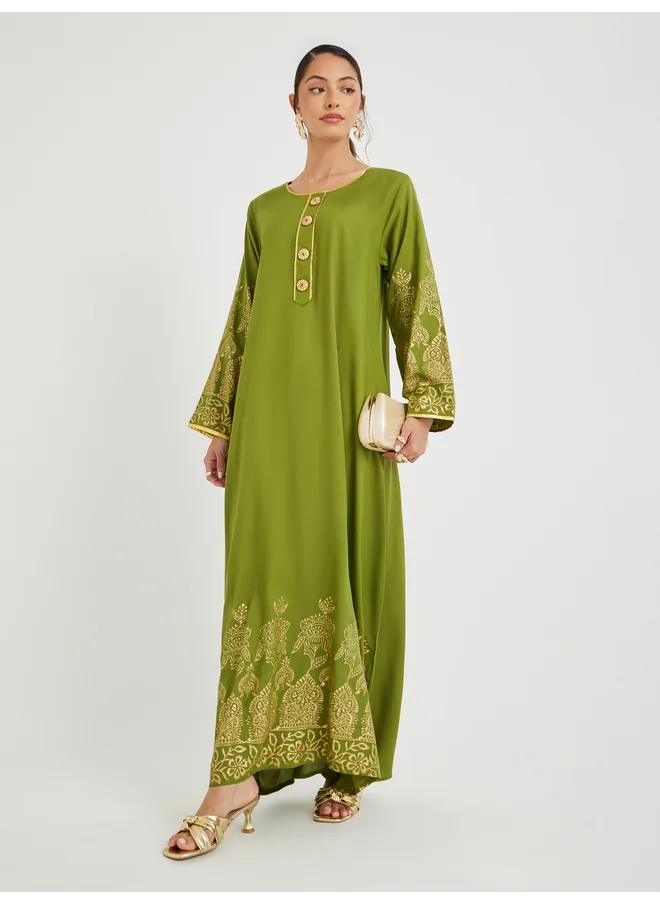 Maxim Creation Maxim Creation Foil Block Print Round Neck Jalabiya with Button Detail