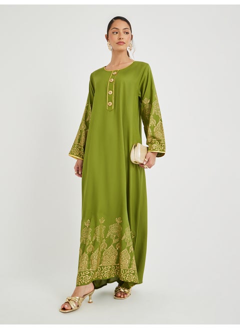 Maxim Creation Foil Block Print Round Neck Jalabiya with Button Detail