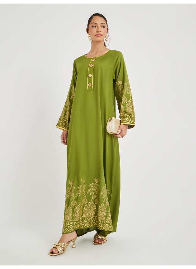 Maxim Creation Maxim Creation Foil Block Print Round Neck Jalabiya with Button Detail  - Image 1