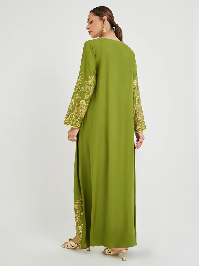 Maxim Creation Maxim Creation Foil Block Print Round Neck Jalabiya with Button Detail