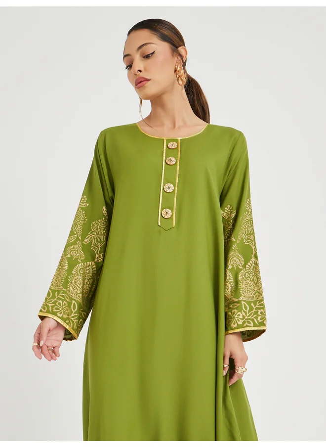 Maxim Creation Maxim Creation Foil Block Print Round Neck Jalabiya with Button Detail
