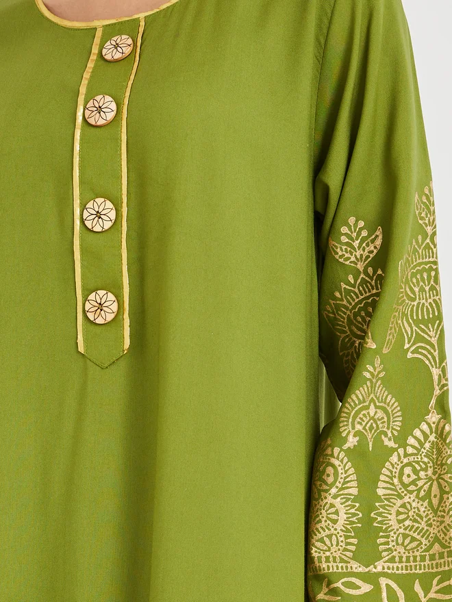 Maxim Creation Maxim Creation Foil Block Print Round Neck Jalabiya with Button Detail