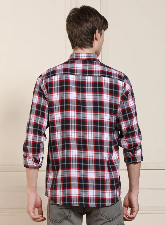 دينيس لينغو Men's Red 100% Cotton Checkered Regular FiT-Shirt