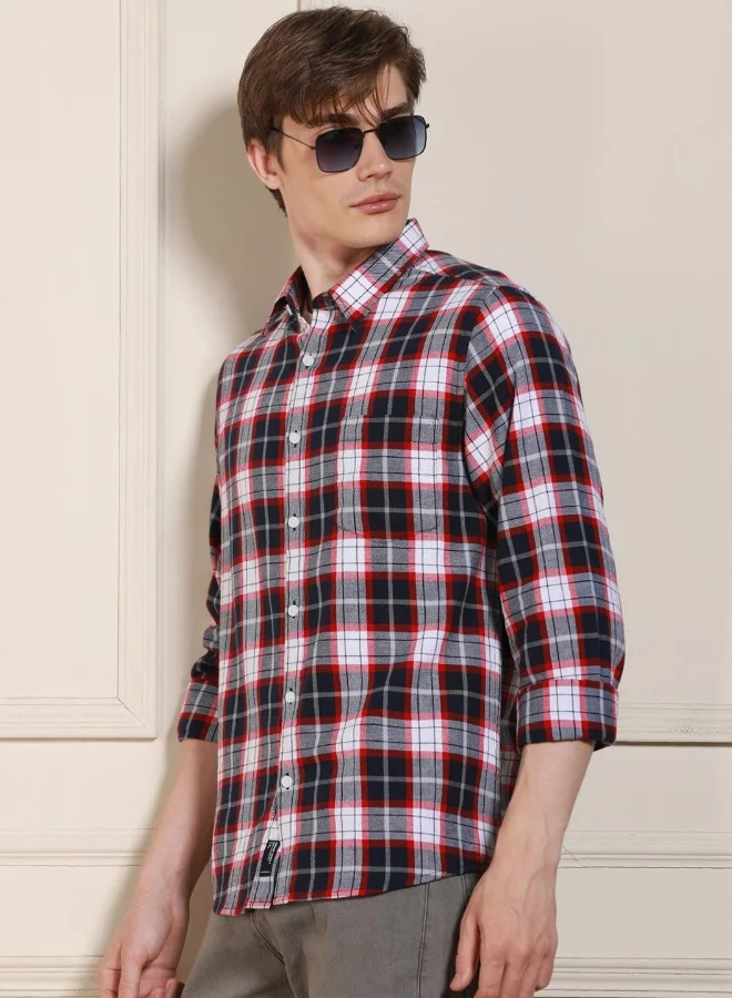 دينيس لينغو Men's Red 100% Cotton Checkered Regular FiT-Shirt