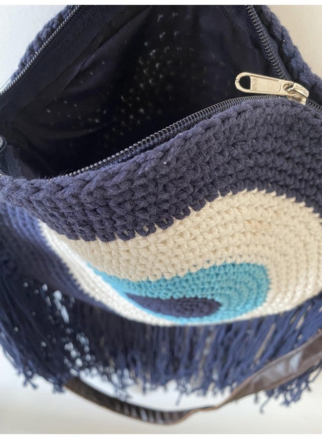 COTTONCUBE Evil eye Handbag for Women Purse Crochet bag with Strap for Girls clutch zip closure fashionable bag macrame (Blue) - Image 3