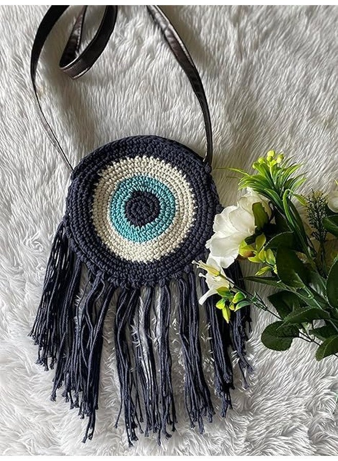 COTTONCUBE Evil eye Handbag for Women Purse Crochet bag with Strap for Girls clutch zip closure fashionable bag macrame (Blue) - Image 2