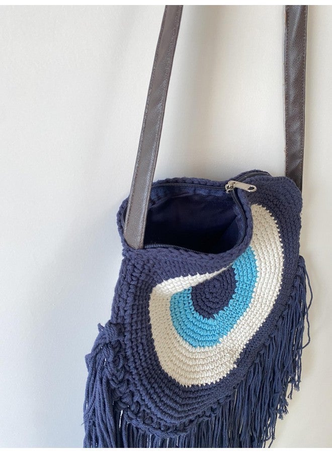 COTTONCUBE Evil eye Handbag for Women Purse Crochet bag with Strap for Girls clutch zip closure fashionable bag macrame (Blue) - Image 5
