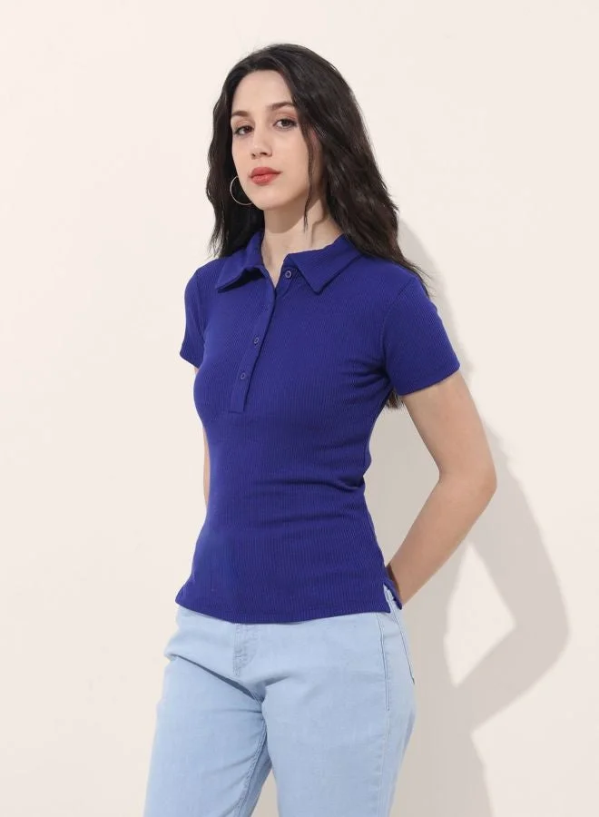 Women Regular Fit Solid Collared Neck Short Sleeve Top