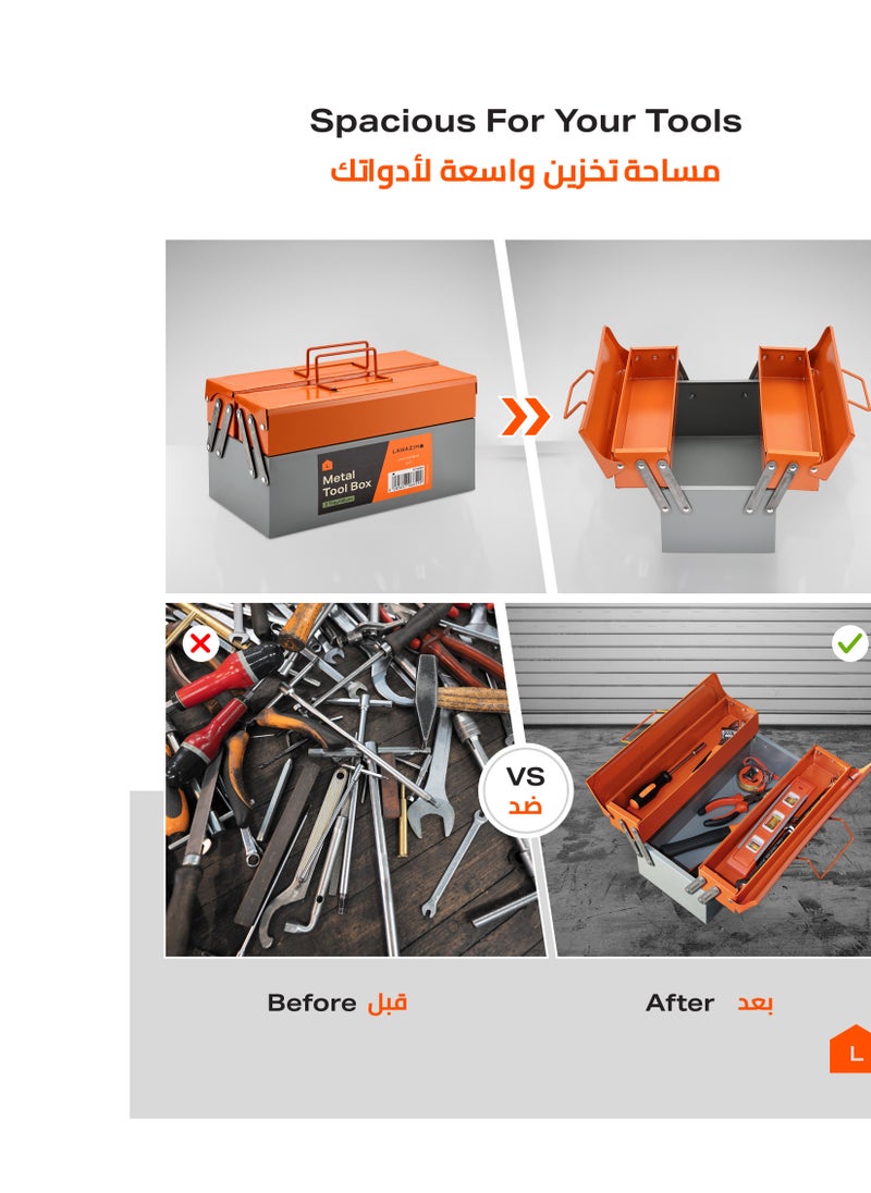 LAWAZIM - 2-Tray Metal Tool Box - 35cm, 14 Inch - Foldable Large-Capacity Portable Upward Folding Organizer with Durable Steel, Rust-Proof, Weather-Resistant Design - Ideal for Garage, Workshop, Construction, and DIY - Image 1