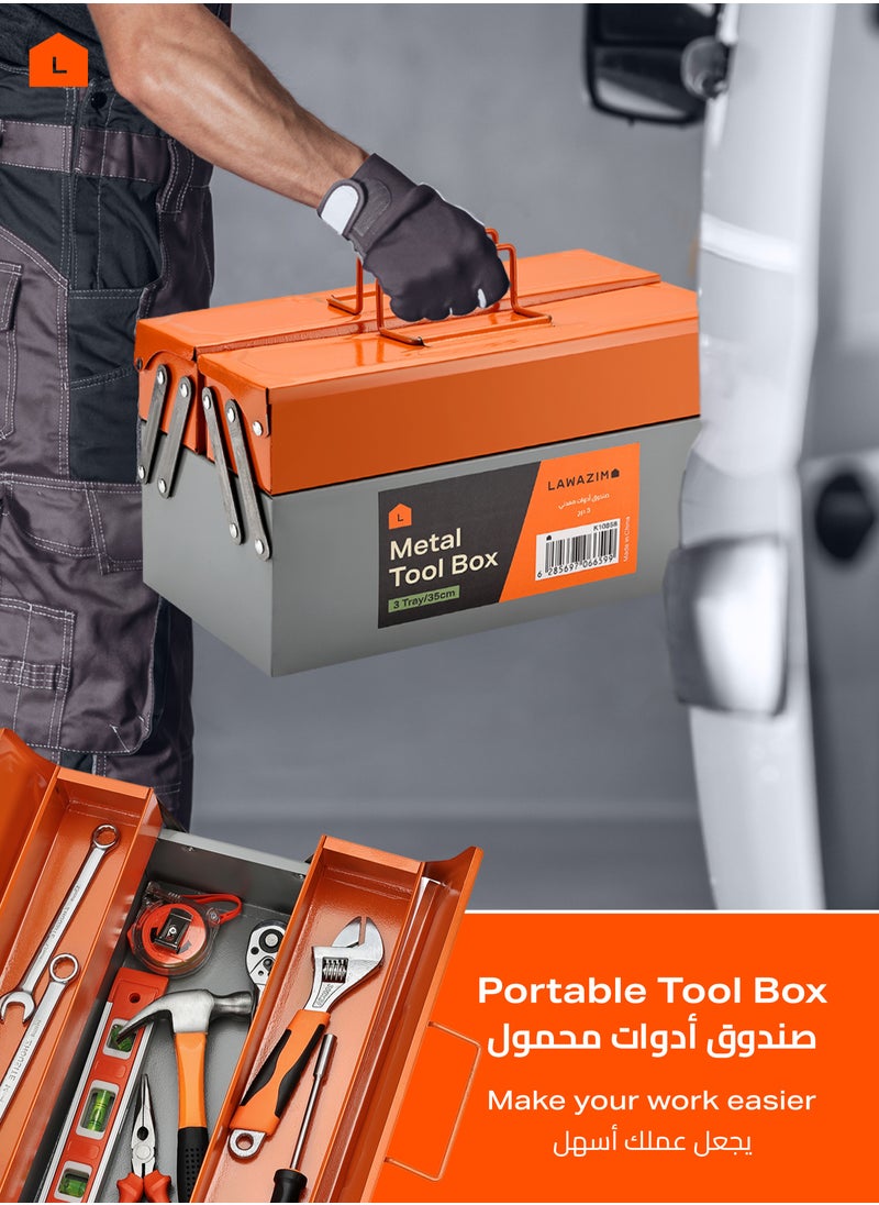 LAWAZIM - 2-Tray Metal Tool Box - 35cm, 14 Inch - Foldable Large-Capacity Portable Upward Folding Organizer with Durable Steel, Rust-Proof, Weather-Resistant Design - Ideal for Garage, Workshop, Construction, and DIY - Image 1