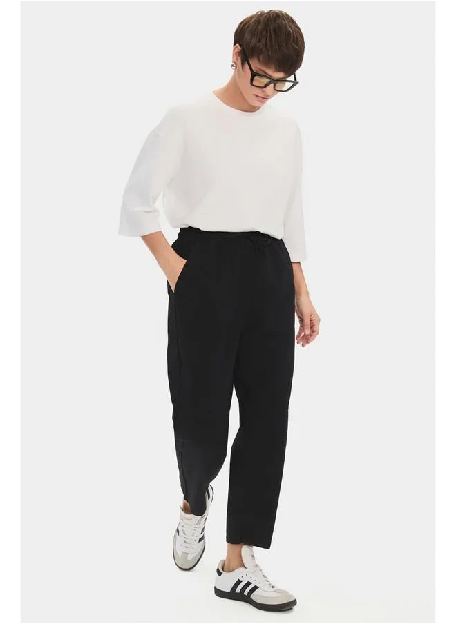 جون June Women 100% Cotton Elastic Waist Pocket Detailed Trouser Black