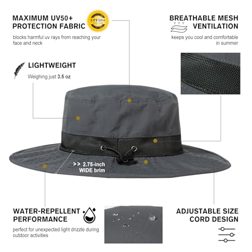 TOPEX Mens Wide Brim Mesh Sun Hat XL XXL SPF UV Boonie Bucket Summer Golf Hiking Safari Fishing Extra Large Size 8 24" Dark Grey - Image 2